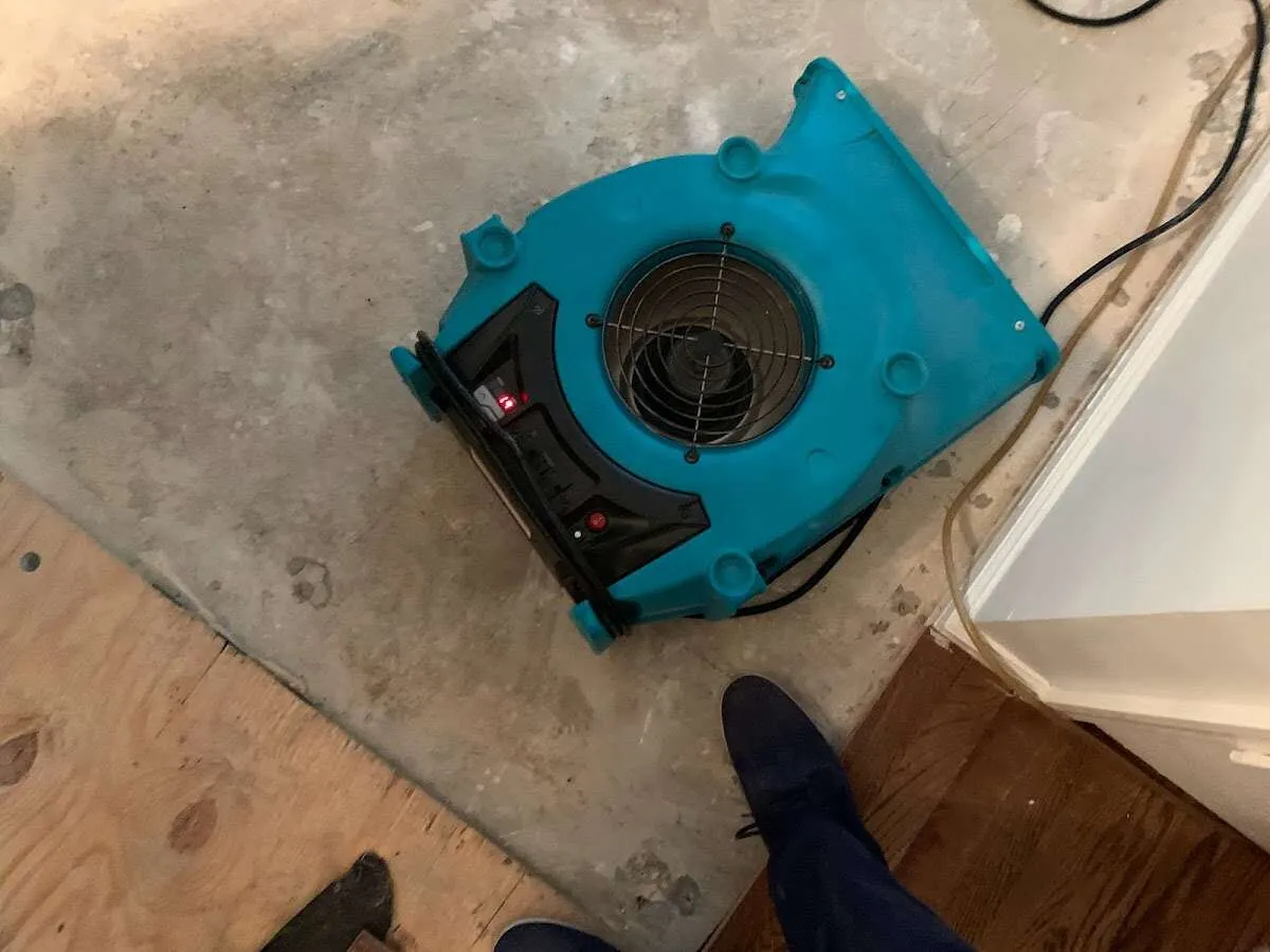 Air mover drying subfloor during Commercial Water Damage Restoration in Ukiah